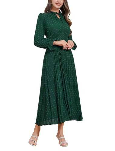 IDOPIP Women Fall Midi Dress Swiss Dot Long Sleeve V Neck Elegant Casual Flowy A-Line Dresses High Waisted