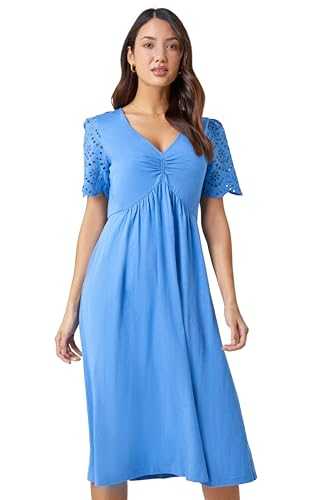Roman Originals Cotton Broderie Sleeve Midi Dress for Women UK - Ladies Everyday Holiday Spring Summer V-Neckline Comfy Soft Evening Vacation Work Party