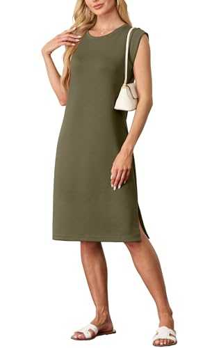 GRECERELLE Womens Summer Midi Dress 2025 Casual Crew Neck Shirt Dresses Elegant Wrinkle-Free Sleeveless Dresses for Women UK with Split and Pockets