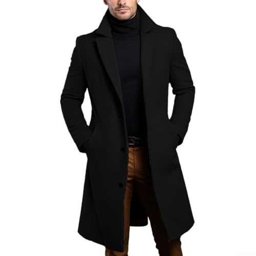 Men's Luxury Black Trench Coat, Single Breasted Long and Warm Overcoat (M Black)