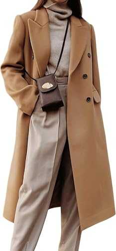 Women's Fall and Winter Double Breasted Mid-Length Coat Double Breasted Camel Pea Coat Mid-Length Winter Coat Winter Trench Coat Work Jacket