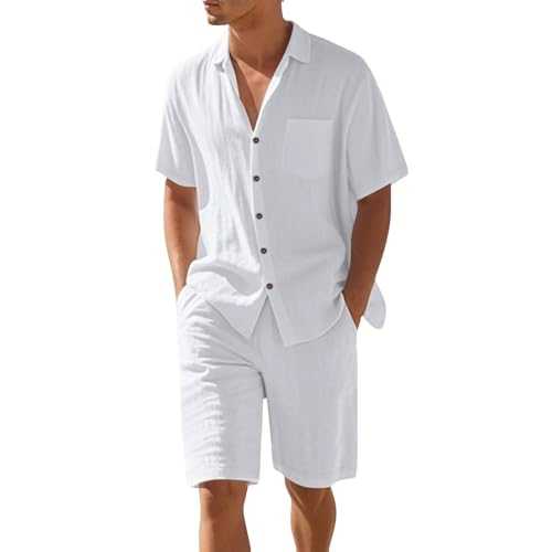 Men's 2-Piece Cotton and Linen Short Tracksuit Streetwear Knitted Pajamas Sports Festival Casual Quick Dry Jogging Summer with Oversized Tops and Shorts Running Hip Hop