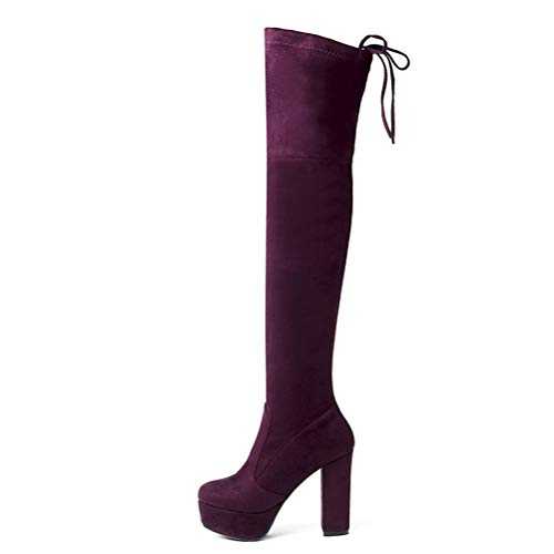 Women Over The Knee Boots Platform Square Heel Stretch Slim Ladies Winter Lace-up Block Heel Thigh High Boots