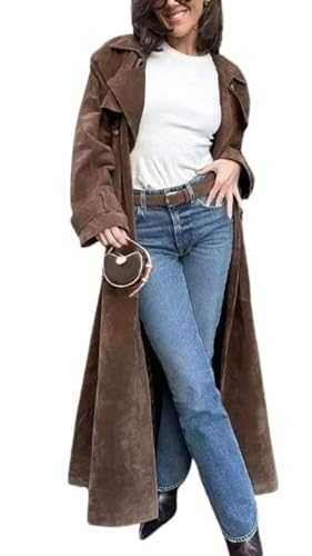 CupitiDU Suede Trench Coat Women Long Trench Coats,2024 Fall Winter Long Pea Coat Faux Leather Double Breasted Jackets,Vintage Belted Maxi Outwear With Belt,Thick Warm Jacket Outerwear