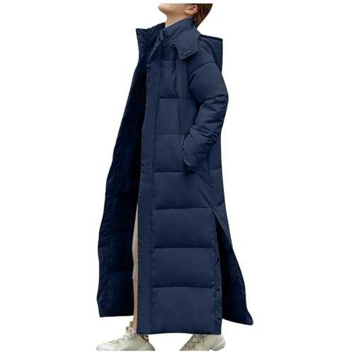 AMhomely Puffer Jackets for Women Solid Colour Long Quilted Overcoats with Fur Trimmed Hooded Ladies Padded Puffer Parka Winter Warm Jacket Coat