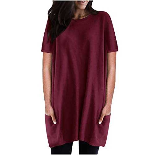 Womens Smock Tops Long Tops to Wear with Leggings Round Neck Short Sleeve Tops Solid Color T-Shirt Longline Tops Oversized Tees Summer Pocket Shirt Blouse Ladies Sweatshirt Office UK Size