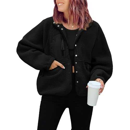 Qolkmuiy-GJ Womens Sherpa Lapel Button Down Jacket Fuzzy Long Sleeve Short Coats with Pocket Winter Warm Cozy Fleece Outwear