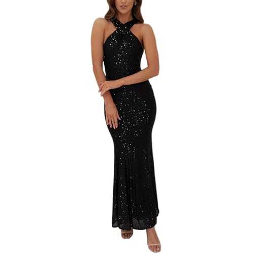 Women's Sleeveless Sparkly Sequin Prom Dress Elegant Backless Mermaid Formal Evening Gown Maxi Party Dress