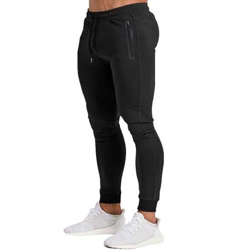 Mens Gym Joggers Sweatpants, Slim Fit Joggers Trousers Fashion Fitness Muscle Tight Sports Pants Solid Color Sweatpants with Drawstring and Zip Pocket Elasticated Waist Tracksuit Bottom