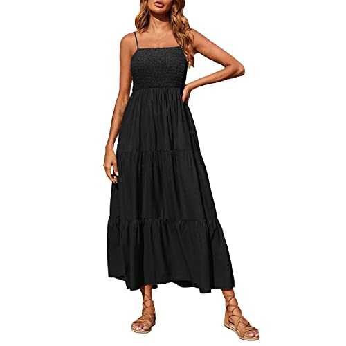 Summer Dresses for Women UK Bohemian Smocked Tiered Long Beach Sun Dresses Sleeveless Solid Maxi Dress Ladies Floral Swing Dresses with Spaghetti Straps Petite Sexy Dress
