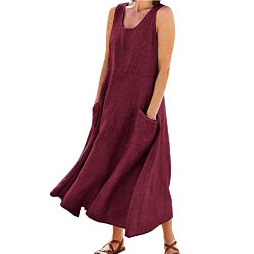 Skang a line dresses for women UK Womens Solid Color Round Neck Pockets Casual Long Dress Daily Tank Dress casual wear for women