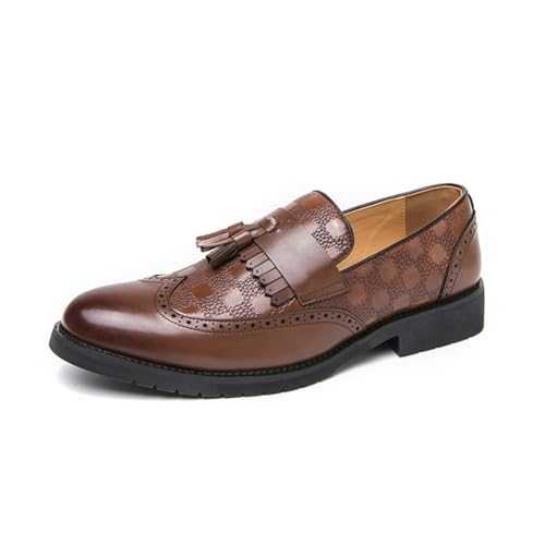 LRMYMHY Men's Vintage Leather Wingtip Tassel Brogue Slip-On Dress Loafers Breathable Smoking Business Wedding Party Formal Shoes
