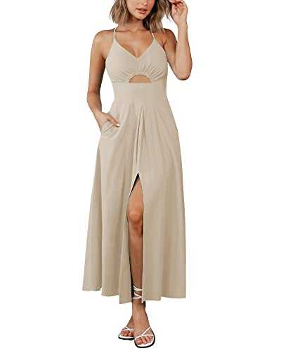 Zenlonr Women's Summer Spaghetti Strap Dresses 2023 Casual Sleeveless V Neck Cutout High Split Beach Maxi Dress with Pockets