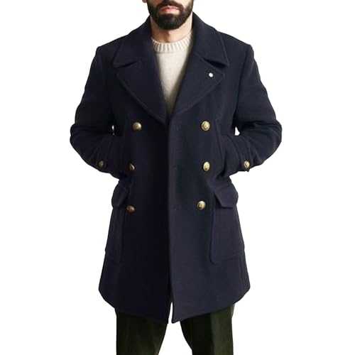 Mens Classic Notched Collar Wool Windbreaker Winter Warm Heavyweight Trench Coats Stylish Navy Type Overcoat