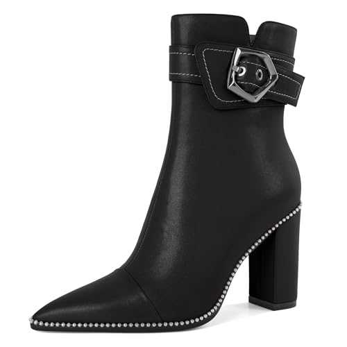 Zamikoo Womens Boots Ankle Chunky Heel Pointed Toe Beaded High Heeled Fall Short Booties