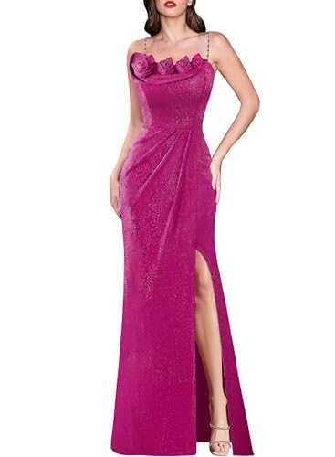 VFSHOW Womens Beaded Spaghetti Strap Ruched High Split Formal Prom Maxi Dress 2023 Sexy 3D Floral Wedding Guest Evening Gown