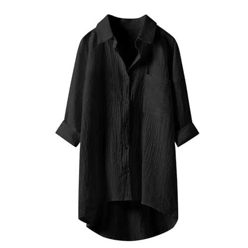 White Women's Plain T-Shirt Cotton Lapel 3/4 Sleeve Tee Shirt Women Large Size Shirt Linen Summer Top Blouse Long Top Solid Color Tunic Loose Tops Breathable with Button Tops