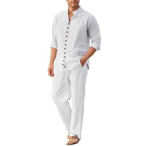 Men's Spring And Autumn Breathable Two Piece Rolled Sleeve Cotton Blend Shirt Pants Set Big And Tall Suits for Men