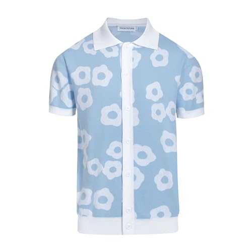 OXKNIT Mens Vintage Polo Shirts Casual Flower Pattern Knit Golf Polo Shirts Short Sleeve Jacquard Design