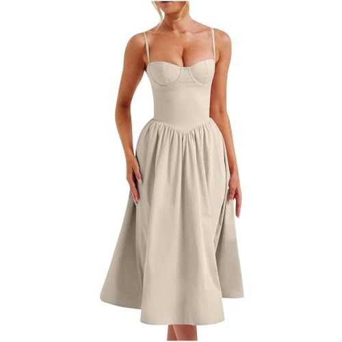 Corset Midi Dress Crewneck Dresses for Women Spaghetti Straps Midi Dresses for Women UK Solid Women's Summer Clothes Tie Strap Pleats Beach Dresses for Women Long Summer Dresses for Women UK