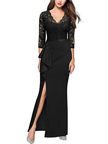 MISSMAY Women's Vintage Floral Lace Ruffle 3/4 Sleeves Evening Party Formal Long Dress