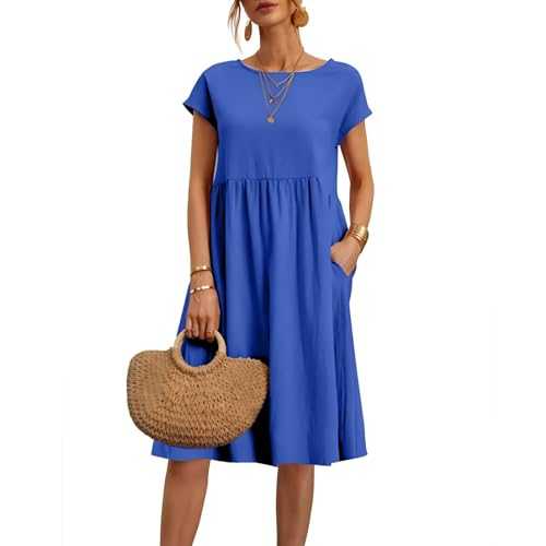 AMDOLE Dresses for Women UK Women Dresses 2025 Summer Casual Comfy Cotton Short Sleeve Fashion Tunic Beach Midi Dresses Solid Color Ladies Dresses Elegant Summer Dresses for Women UK with Pockets