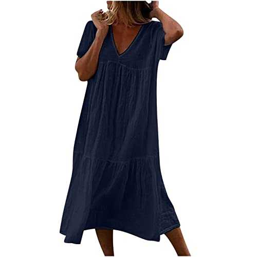 Summer Dresses for Women UK Sale Clearance Long White Wool Cotton Dress V Neck Summer Cheap Plus Size Retro Maxi Loose Solid Color Bohemian Mid-Length Gowns for Party Beach Holiday