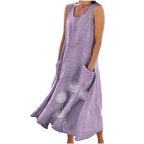 Summer Cotton Linen Dresses for Women UK Sale Clearance 2025, Ladies Floral Printed Sleeveless Casual Loose Maxi Dress Beach Boho A Line Flowy Tshirt Sundress with Pockets Plus Size