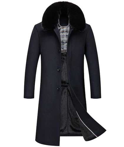 SOMTHRON Men's Wool Blend Trench Coat Faux Fur Collar Fleece Lined Single Breasted Jacket Winter Pea Coat Overcoat