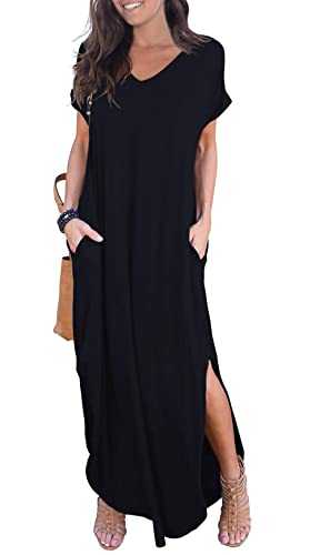 GRECERELLE Women Maxi Long Dress Summer Casual Short Sleeve V Neck Maxi Dresses with Pocket