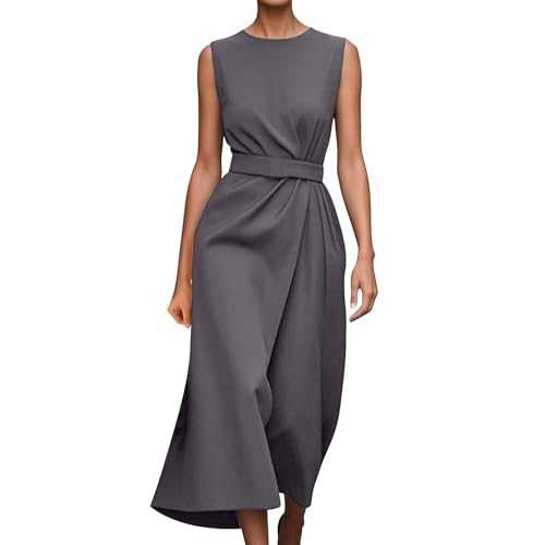 Women's Summer Dresses Crew Neck Elegant Swing Dress Casual Vintage Midi Sundress with Pockets A-Line Wedding Guest Dresses