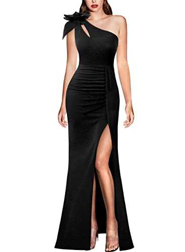 VFSHOW Womens 3D Flower One Shoulder Ruched Prom Formal Wedding Guest Maxi Dress 2023 Sexy Cocktail Split Cutout Evening Gown