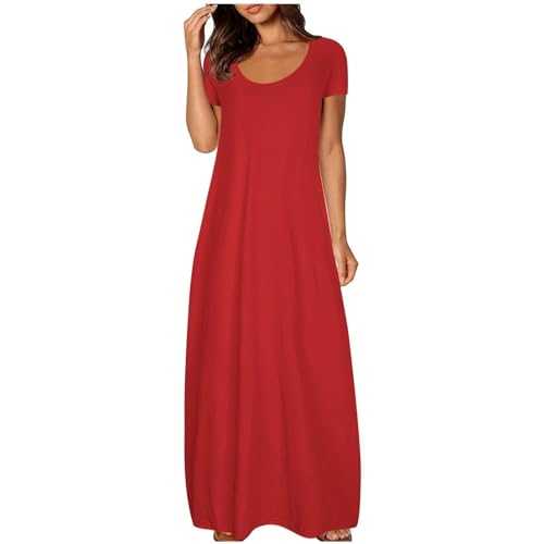 HOOUDO Dresses for Women UK Cotton Flowy Beach Dresses Crewneck Ladies Casual Sun Dresses Loose Fit Stretch Long Dresses Lagenlook Cover Ups Oversized
