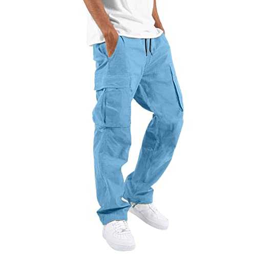 TOPJIAO Casual Trousers Men Mens Workwear Sweatpants Lightweight Loose Straight Multi Pocket Mens Work Trousers Elasticated Waist Gardening Trousers for Men UK Tactical Pants Mens Summer Trousers