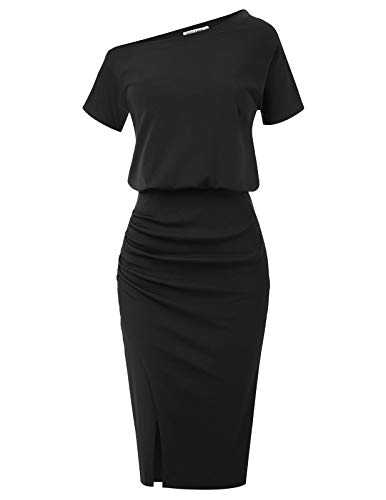 GRACE KARIN Ladies Elegant One Shoulder Wedding Banquet Party Dress Summer Slim Ruched Elastic Work Office Prom Dress S Black