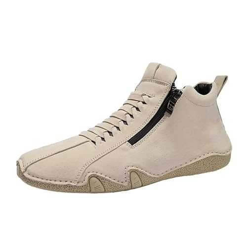 Mens Leather High Top Shoes Mens Leather Boots Side Zip Hightop Skateboarding Shoes Slip On Walking Boots Soft Cushion Athletic Trainers Lightweight Badminton Fashion Stitching Sneakers