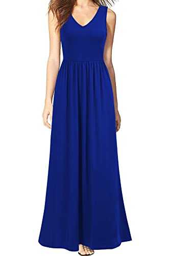 WOOSEA Women Sleeveless V Neck Pocket Loose Long Dress Maxi Casual Dresses