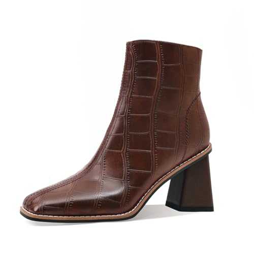 MOTIMODEN Womens Ankle Boots Zipper Chunky Mid Heel Boot Retro Square Pointed Toe Short Boots Heeled Shoes for Women Fall Winter