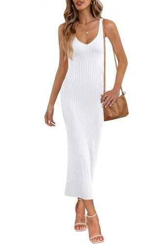 MEROKEETY Women's 2023 Summer V Neck Knit Midi Dress Bodycon Sleeveless Ribbed Sweater Dresses