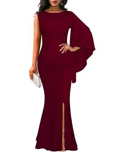 YMDUCH Women's Elegant One Bell Sleeve Side Split Long Paty Mermaid Formal Dress