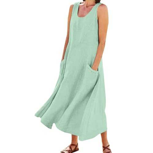 Boho Maxi Dress for Women UK Summer Cotton Linen Solid Color Crew Neck Sleeveless Dresses Tunic Tank Dress with Pockets Bohemian Oversized Sundress