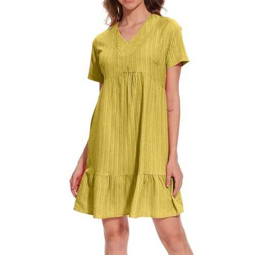 Summer Dresses for Women UK 2025 Womens Short Sleeve V Neck Pleated Swing Loose Casual Skirt Short Beach Sundresses Summers Party Frock Ladies Simple Fashion Long Loose Dress