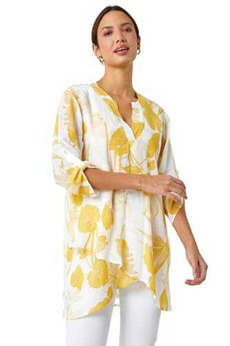 Roman Originals Foral Print Tunic Top for Women UK Ladies Casual Shirt Smart Blouse Asymmetric Wrap Hem Spring Summer Holiday Party Beach Cruise 3/4 Sleeve Longline Oversized