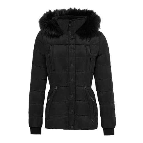 Spindle Womens Ladies Premium Quality Hooded Short Fur Parka Quilted Padded Puffer Coat | Zip Side Pockets | Luxurious Detachable Faux Fur on Hood | Zipped Inner Pocket