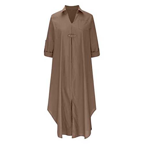 AMhomely Womens Summer Dresses UK Ladies Summer Cotton Linen Italian Dresses Plus Size 3/4 Sleeve Shirt Dress Loose Fit Casual Dress Beach Wear Oversized Lounge Dresses Elegant Sundress