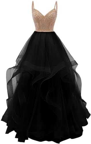 VOfuter Tulle Crystal Beaded Ball Gown V Neck Tiered Long Prom Dress Spaghetti Strap Formal Evening Party Dress