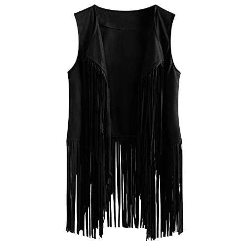 Women Tassel Vest Fashion Sleeveless Western Cowgirl Faux Suede Fringe Leather Gilet Solid Color Vintage Open Front Cardigans Waistcoat Jacket Outwear Tops 70s Hippie Costume