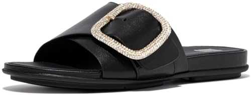 Women's Gracie Crystal Maxi-Buckle Leather Slides Sandal