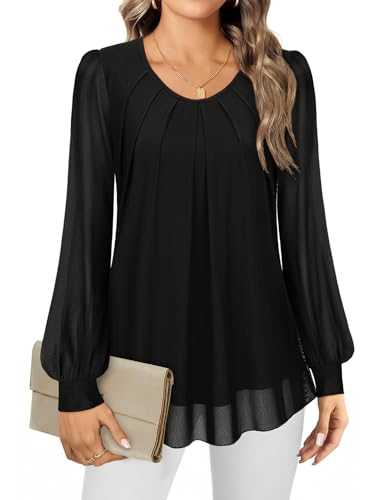 Gemulate Women's Blouses Long Sleeve Chiffon Tops for Women UK Crew Neck Pleated Front Top Loose Fit Ladies Tops Flowy Double Layered Mesh T-Shirts M-3XL