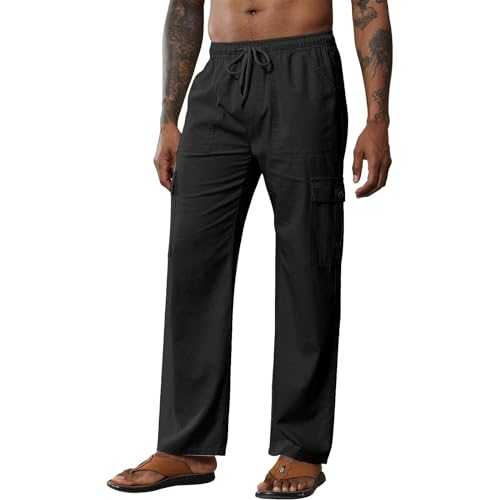 Generisch Men's Summer Trousers Plain Cotton Loose Casual Cotton Jumpsuit with Belt Drawstring Trousers Men's 34 Jeans Dungarees Men's Lightweight Summer Trousers Men's Linen Trousers Men
